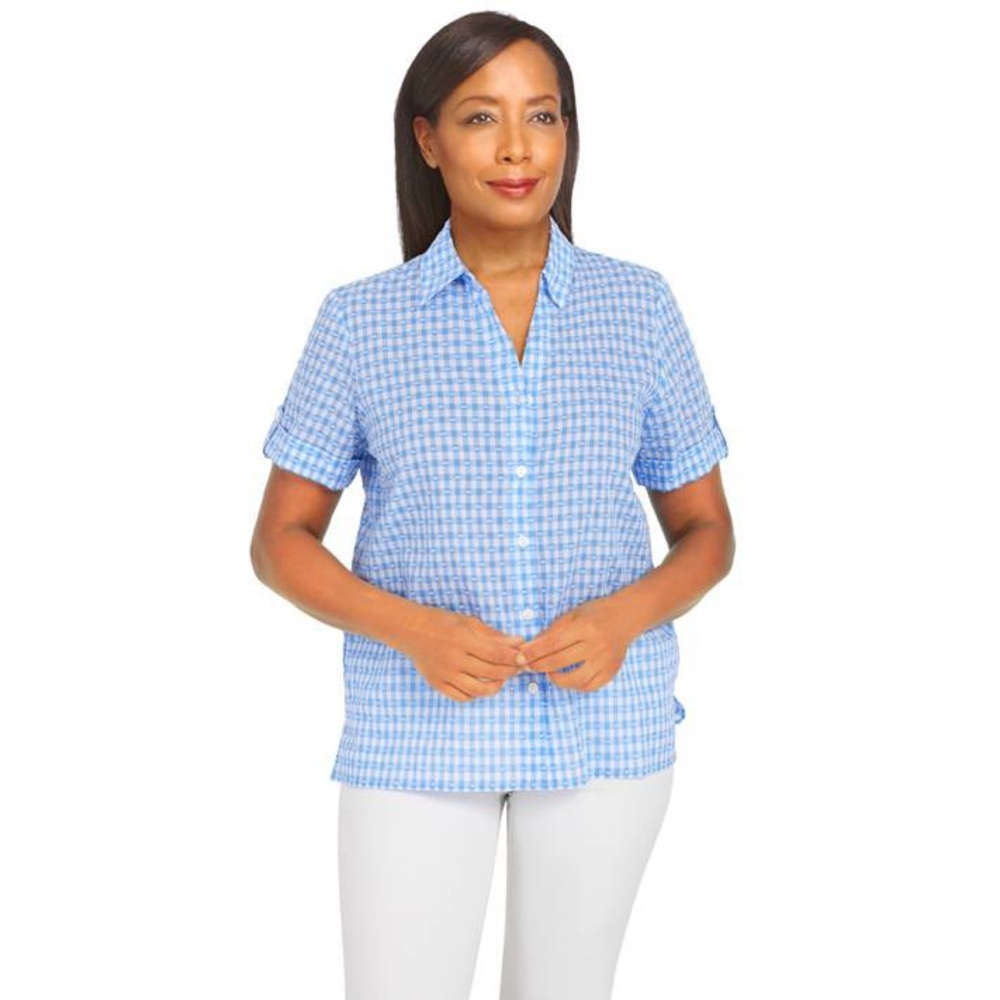NEW! Alfred Dunner Women's Petite Small Gingham Button Up Shirt Blue